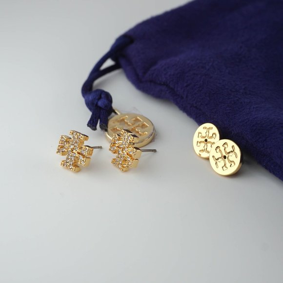 Tory Burch Kira Pavé Original Logo Jewel Crusted Studs Earrings GOLD (NWT) - Picture 4 of 4